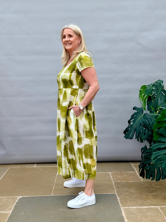 Olive Linen Print Dress