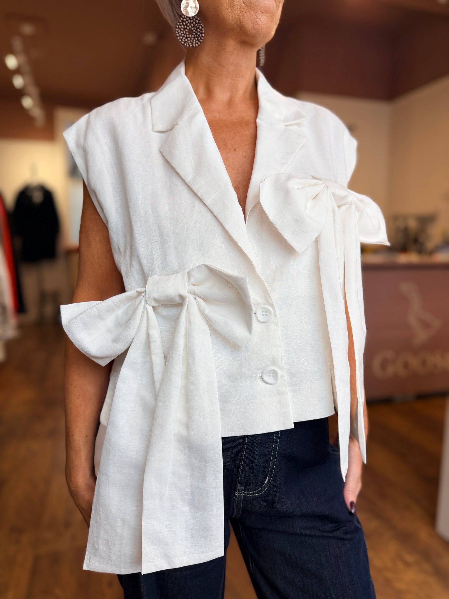 White Linen Bow Jacket