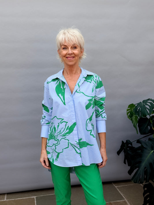 Blue Striped Green Print Shirt 262951